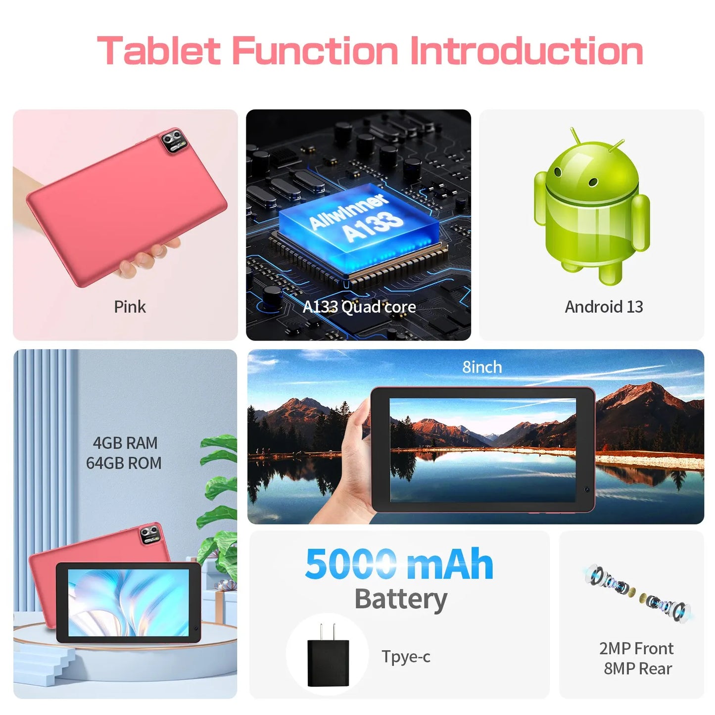 Tablet Android 13, 8GB(4+4 Expand) RAM 64GB ROM,Dual Camera, WiFi