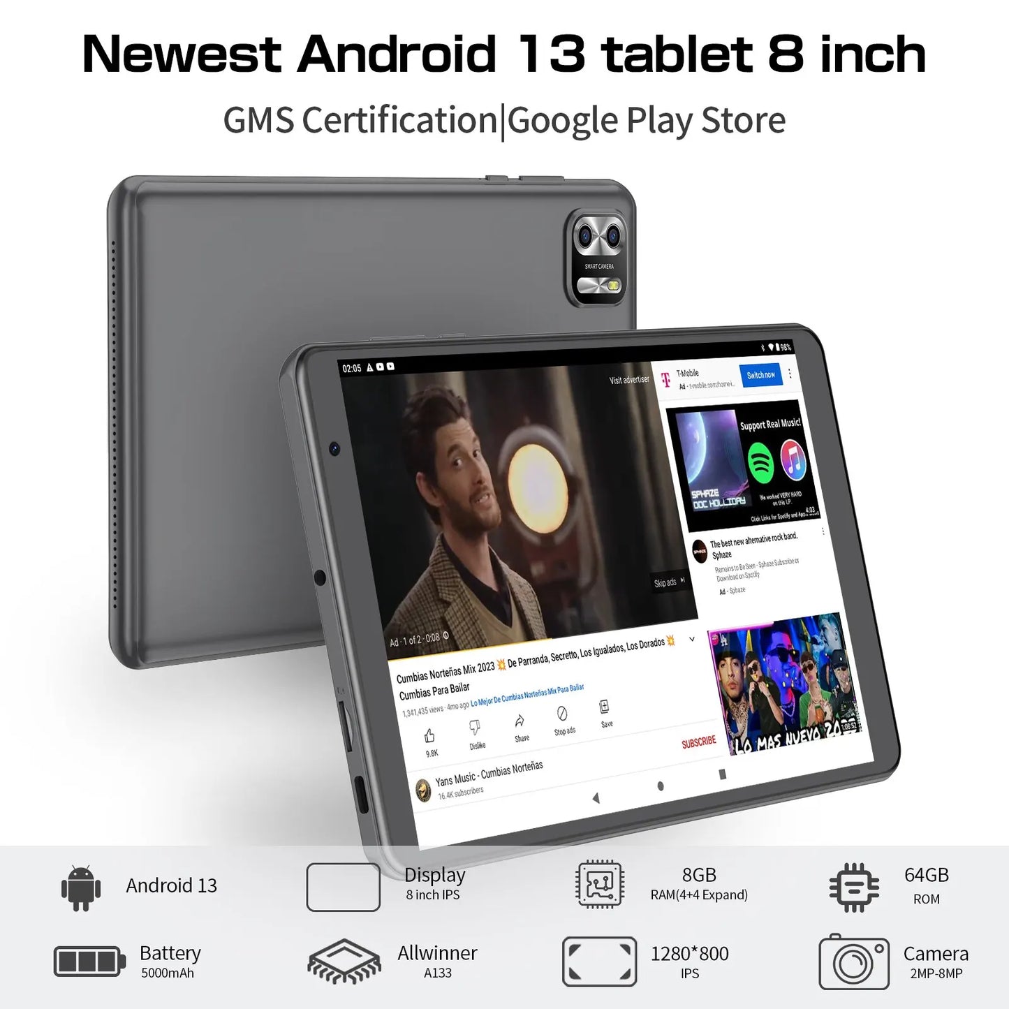 Tablet Android 13, 8GB(4+4 Expand) RAM 64GB ROM,Dual Camera, WiFi